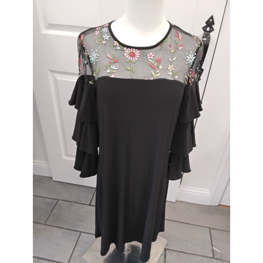 Gabby‎ Skye Black Floral Embroidered Mesh Yoke Ruffle Sleeve Shift Dress Size 10